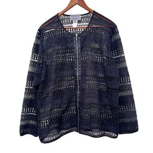 Guillaume Black Lace Zip Front Jacket Women 1X Sheer Mesh Boho Evening Cover Up
